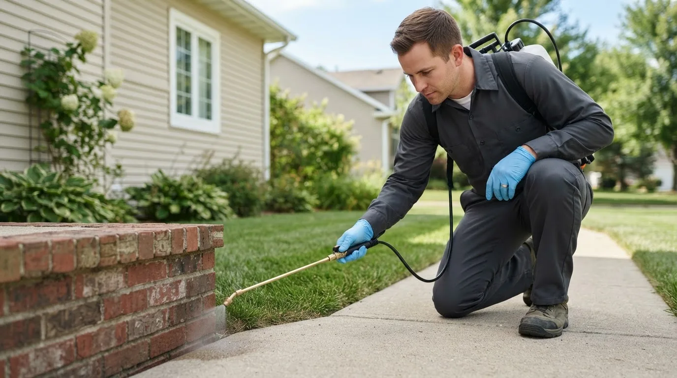 Pest control technician treating a home near Tahoka, TX